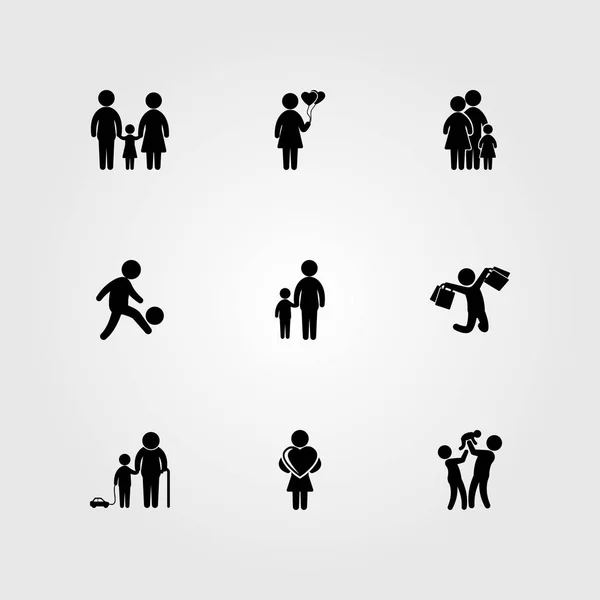 Humains icône set vecteur. enfant, enfant, femme avec coeur et père — Image vectorielle
