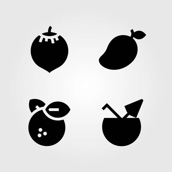 Frutas Verduras vector icono conjunto. coco, naranja y mango — Vector de stock