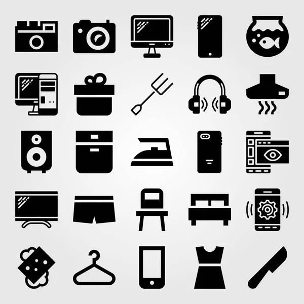 Conjunto de iconos de vector de compras. PC, vestido, boxeadores y cama — Archivo Imágenes Vectoriales