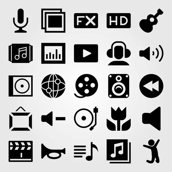 Multimedia Icon Set Vektor. Gitarre, Trompete, Clapperboard und Rückspule — Stockvektor