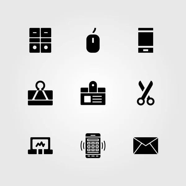 Set di icone vettoriali aziendali. computer portatile, graffetta, busta e mouse — Vettoriale Stock