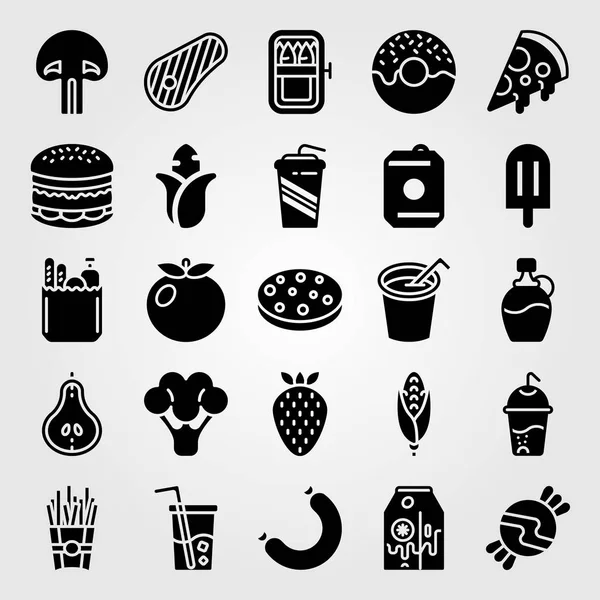 Conjunto de ícones vetoriais Food And Drinks. bebida, salsicha, donut e doces — Vetor de Stock