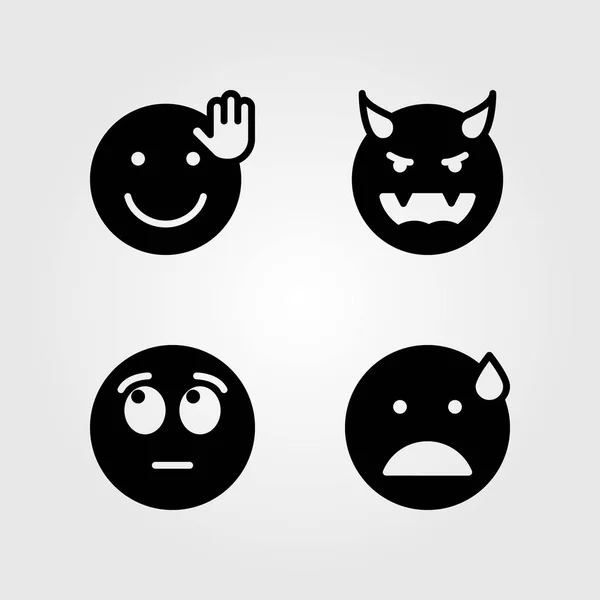 Emoties vector icon set. duivel, zwaaien, glimlach en teleurstelling — Stockvector