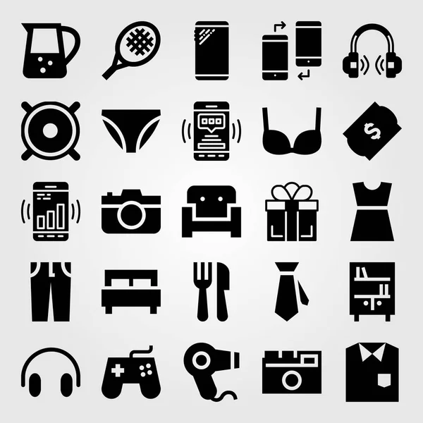 Conjunto de ícones de vetor de compras. calcinhas, talheres, cama e smartphone — Vetor de Stock