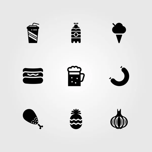 Набор векторных значков еды и напитков. безалкогольный напиток, пиво, куриная ножка и хот-дог — стоковый вектор