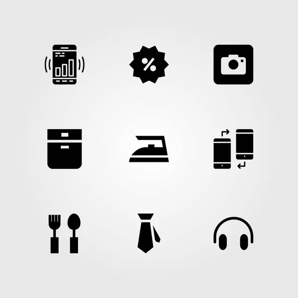 Conjunto de iconos de vector de compras. plancha, cámara fotográfica, auriculares y horno — Archivo Imágenes Vectoriales