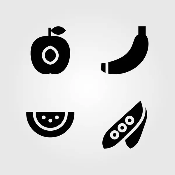 Gyümölcsök zöldségek vector icon set. borsó, sárgabarack, banán- és görögdinnye — Stock Vector