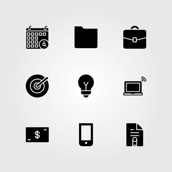 Conjunto de ícone de vetor de negócios. calendário, smartphone, pasta e lâmpada — Vetor de Stock