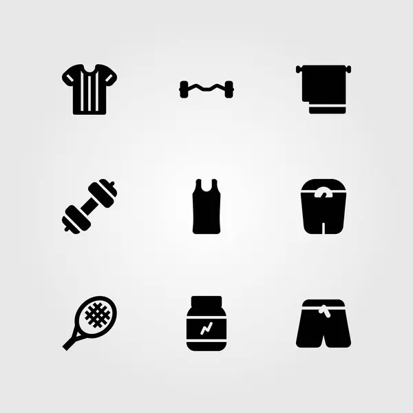 Conjunto de ícones vetoriais de fitness. haltere, camisa do esporte, haltere do bíceps e escala —  Vetores de Stock