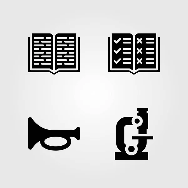 Onderwijs pictogrammen instellen. Vector illustratie Microscoop, open boek en trompet — Stockvector