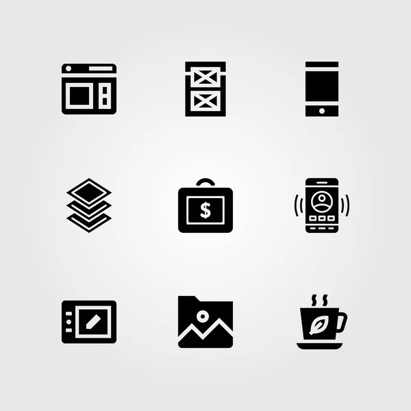 Web Design vektor sadu ikon. Složka, smartphone, prohlížeč a tea cup — Stockový vektor