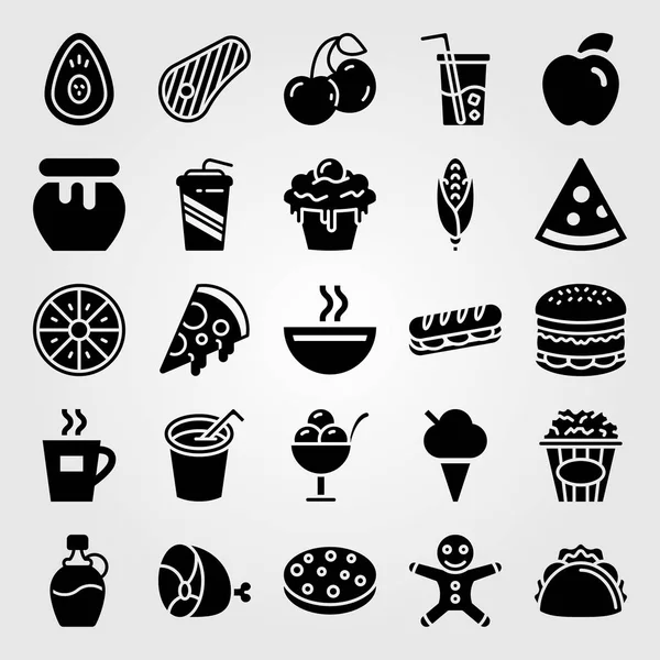 Żywność i napoje wektor zestaw ikon. miód, szkło, plik cookie i stek — Wektor stockowy