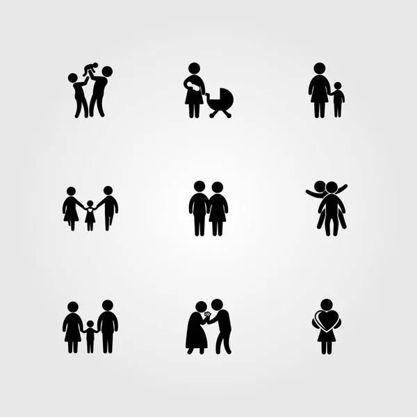 Mens pictogrammenset vector. moeder met baby, papa, twee childs spelen en kind — Stockvector