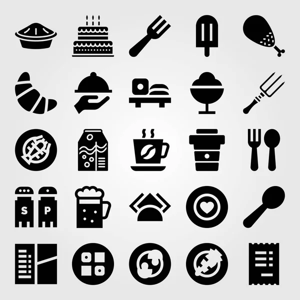 Restaurante vector icono conjunto. champiñones, cuchara, bandeja y tarta — Vector de stock