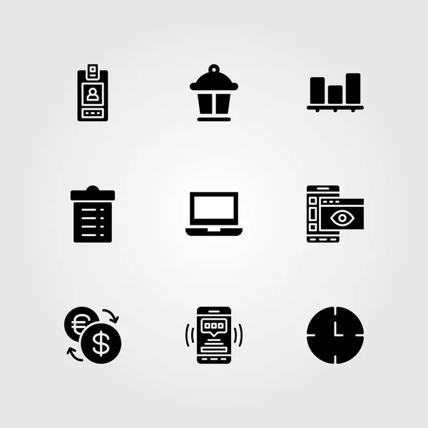 Conjunto de iconos de vector empresarial. tarjeta de identificación, ordenador portátil, teléfono inteligente y tareas — Vector de stock