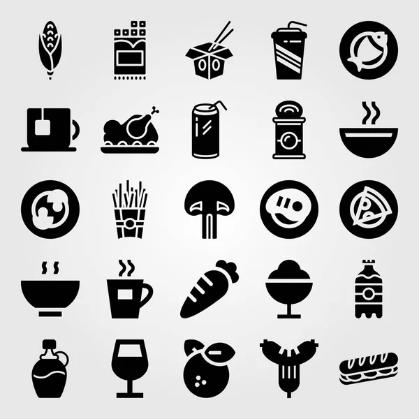 Alimentos y bebidas vector icono conjunto. soda, zanahoria, maíz y pollo asado — Archivo Imágenes Vectoriales