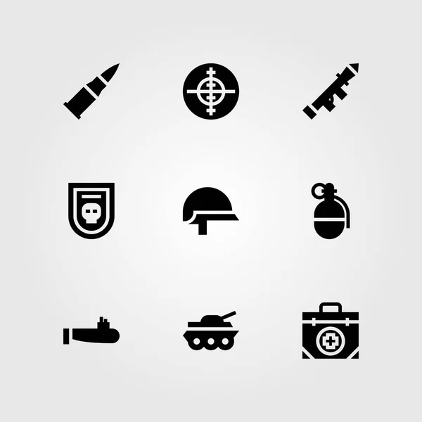 Arma vector icono conjunto. kit de primeros auxilios, lanzador, objetivo y bala — Vector de stock