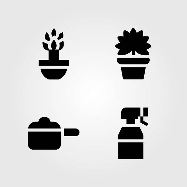 Haus Pflanzen Vektor Icon Set. Topf, Palme, Sprüher und Pflanze — Stockvektor