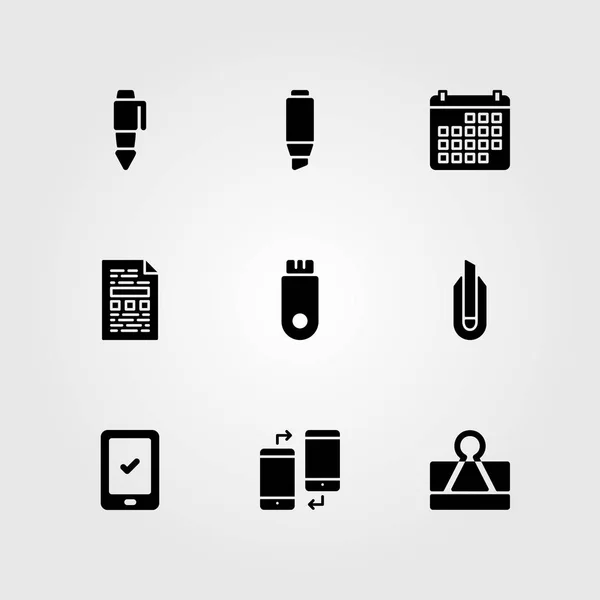 İş vektör Icon set. dolma kalem, ataç, takvim ve tablet — Stok Vektör