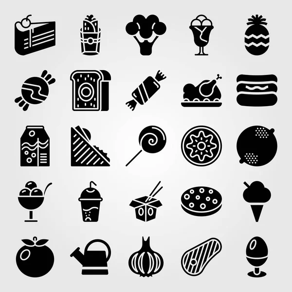 Alimentos y bebidas vector icono conjunto. hot dog, pollo asado, fideos y galletas — Vector de stock