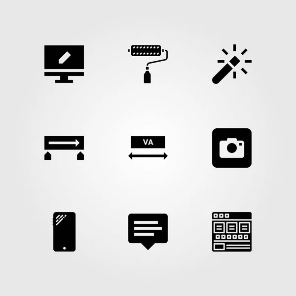 Web tasarım vektör Icon set. fotoğraf kamera, tarayıcı, monitör ve boya silindiri — Stok Vektör