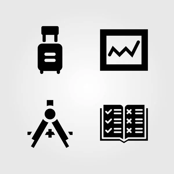 Utbildning ikoner set. Vektor illustration kompass, öppen bok, analytics och vagn — Stock vektor