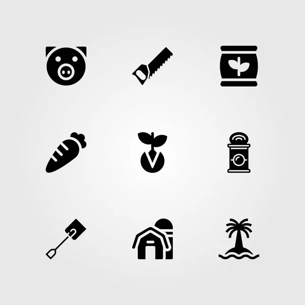 Conjunto de ícones vetoriais. celeiro, lata, serra manual e porco —  Vetores de Stock