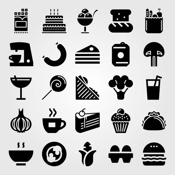 Alimentos y bebidas vector icono conjunto. pastel de cumpleaños, cafetera, pedazo de pastel y salchicha — Archivo Imágenes Vectoriales