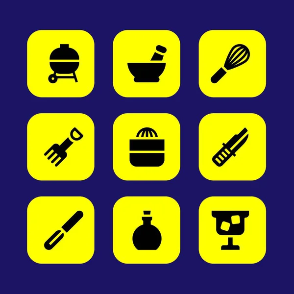Mutfak vektör Icon set. sıkacağı, çatal, soyma ve zeytin yağı — Stok Vektör