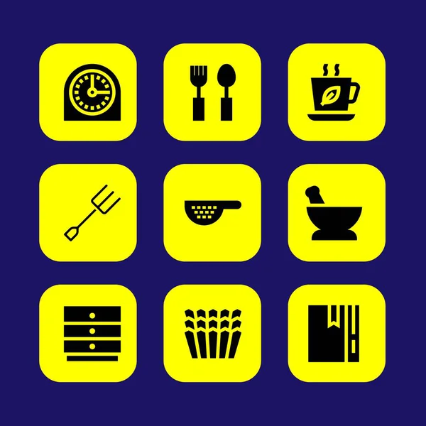 Mutfak vektör Icon set. Zamanlayıcı, çatal, harç ve kabine — Stok Vektör