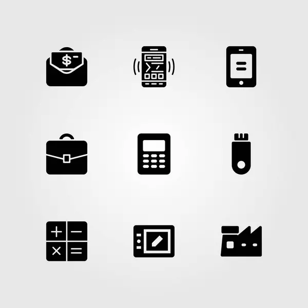 Zakelijke vector icon set. rekenmachine, de werkmap, de fabriek en de Tablet PC — Stockvector