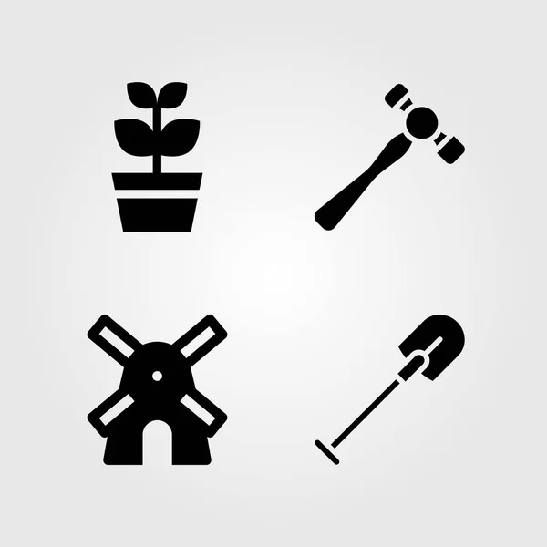 Tuin pictogrammen instellen. Vector illustratie windmolen, hamer, schep en plant — Stockvector