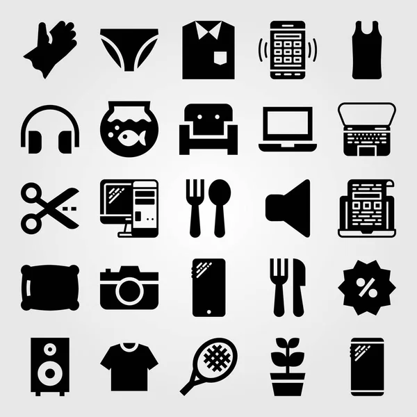 Conjunto de ícones de vetor de compras. luva, câmera fotográfica, mudo e pc — Vetor de Stock