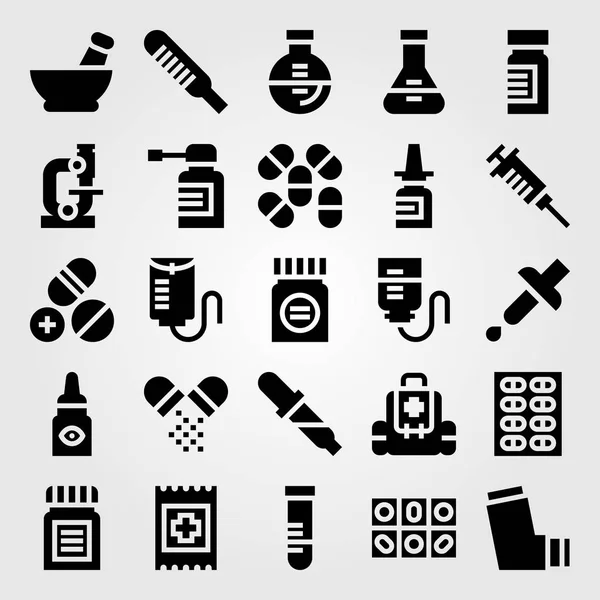 Conjunto de iconos de vector médico. ayuda, pastillas, inhalador y tubo de ensayo — Archivo Imágenes Vectoriales