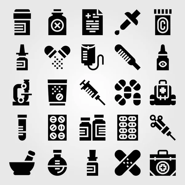 Conjunto de iconos de vector médico. contador de gotas, aerosol nasal, botella y tubo — Archivo Imágenes Vectoriales