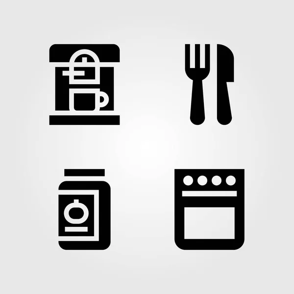 Keuken vector icon set. Koffie-/ theevoorzieningen, bestek, conserve en oven — Stockvector