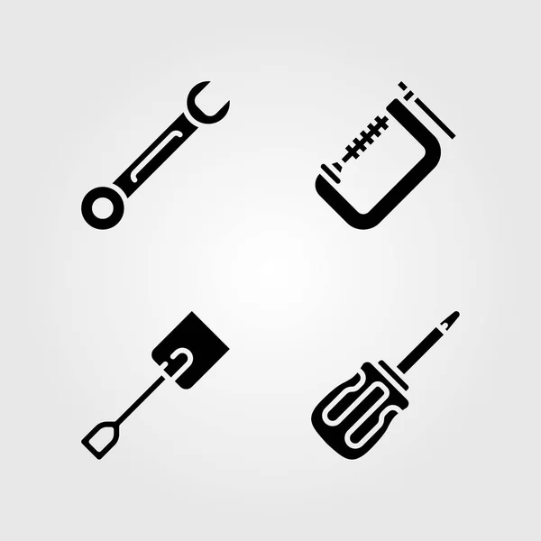 Herramientas conjunto de iconos. Pinza de ilustración vectorial, pala, llave y destornillador — Vector de stock