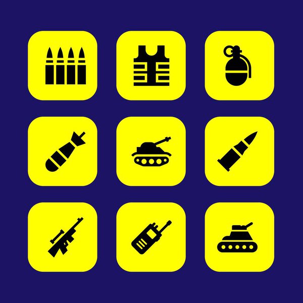 Weapon vector icon set. bullet, torpedo, bullets and tank