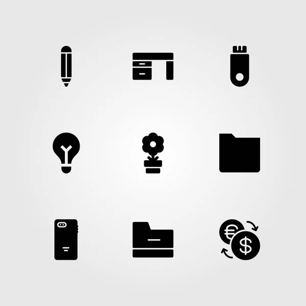 Obchodní vektor sadu ikon. tužka, stůl, pendrive a žárovka — Stockový vektor