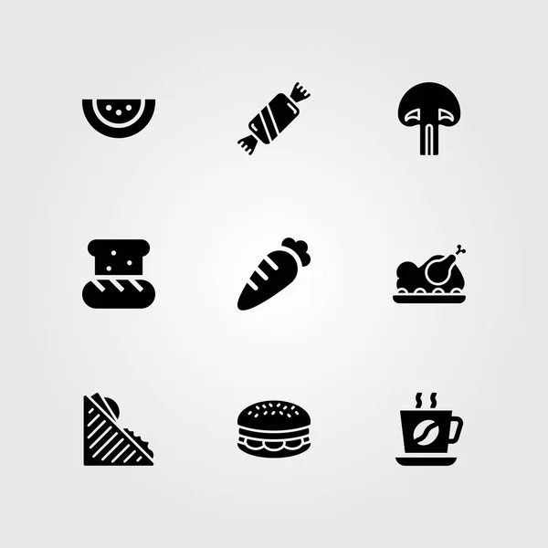 Alimentos y bebidas vector icono conjunto. sándwich, pollo asado, pan y sandía — Vector de stock