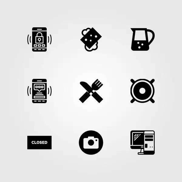 Conjunto de iconos de vector de compras. cámara fotográfica, monitor, frasco y cerrado — Archivo Imágenes Vectoriales