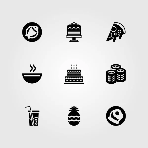 Jídlo a nápoje vektor sadu ikon. polévku, nealkoholické nápoje, ananas a ryby — Stockový vektor