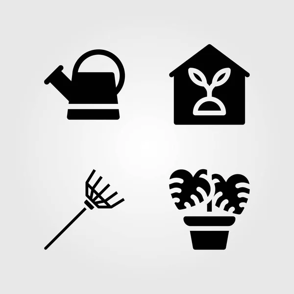 Casa Plantas vetor ícone definido. ancinho, monstera, plantas de interior e regador — Vetor de Stock