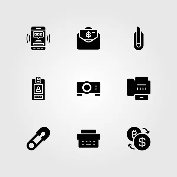 Business vector icon set. exchange, smartphone, id card and cutter — Stock Vector