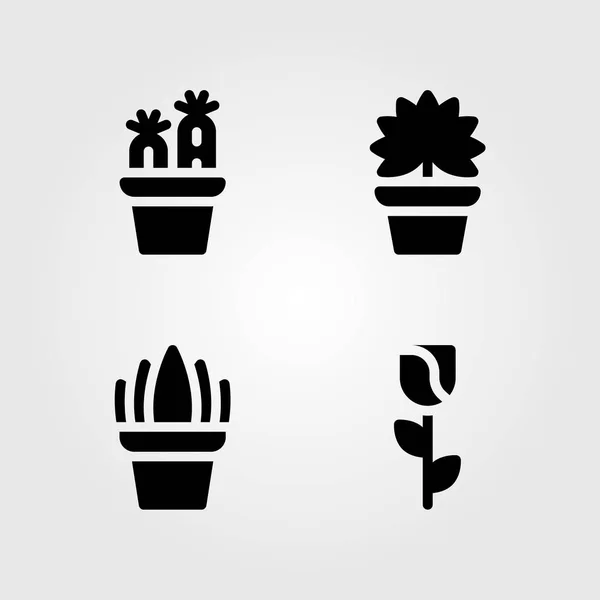 Haus Pflanzen Vektor Icon Set. Rose, Palme, Valentinstag und Kaktus — Stockvektor