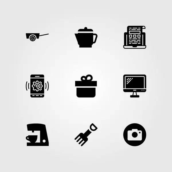 Conjunto de iconos de vector de compras. hervidor de agua, cámara fotográfica, televisión y monitor — Archivo Imágenes Vectoriales