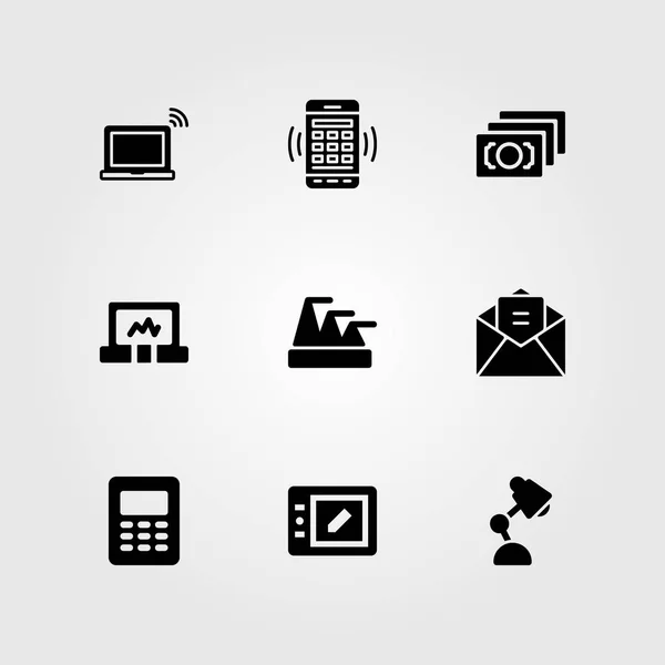 Επαγγελματίες διάνυσμα σύνολο εικονιδίων. διάγραμμα πυραμίδας, ηλεκτρονικού ταχυδρομείου, φορητός υπολογιστής και αριθμομηχανή — Διανυσματικό Αρχείο