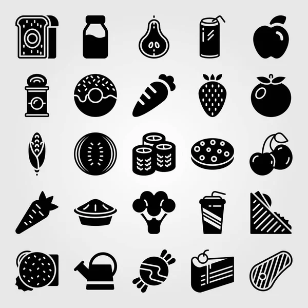 Alimentos y bebidas icono conjunto de vectores. dulces, bistec, regadera y brócoli — Archivo Imágenes Vectoriales