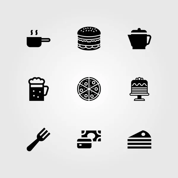 Restaurante conjunto vetor ícone. hambúrguer, torta, panela e garfo —  Vetores de Stock