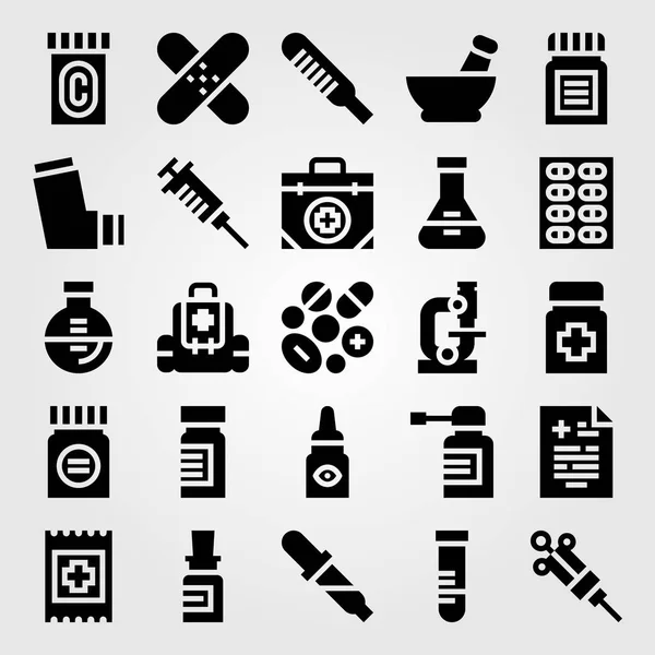 Ιατρική διάνυσμα σύνολο εικονιδίων. patch, μικροσκόπιο, χάπια και σύριγγα — Διανυσματικό Αρχείο